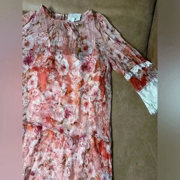 Johnny Was Yours Truly Silk Floral Mini Dress Lace Trim Sz Medium MSRP $410 - Picture 5 of 14